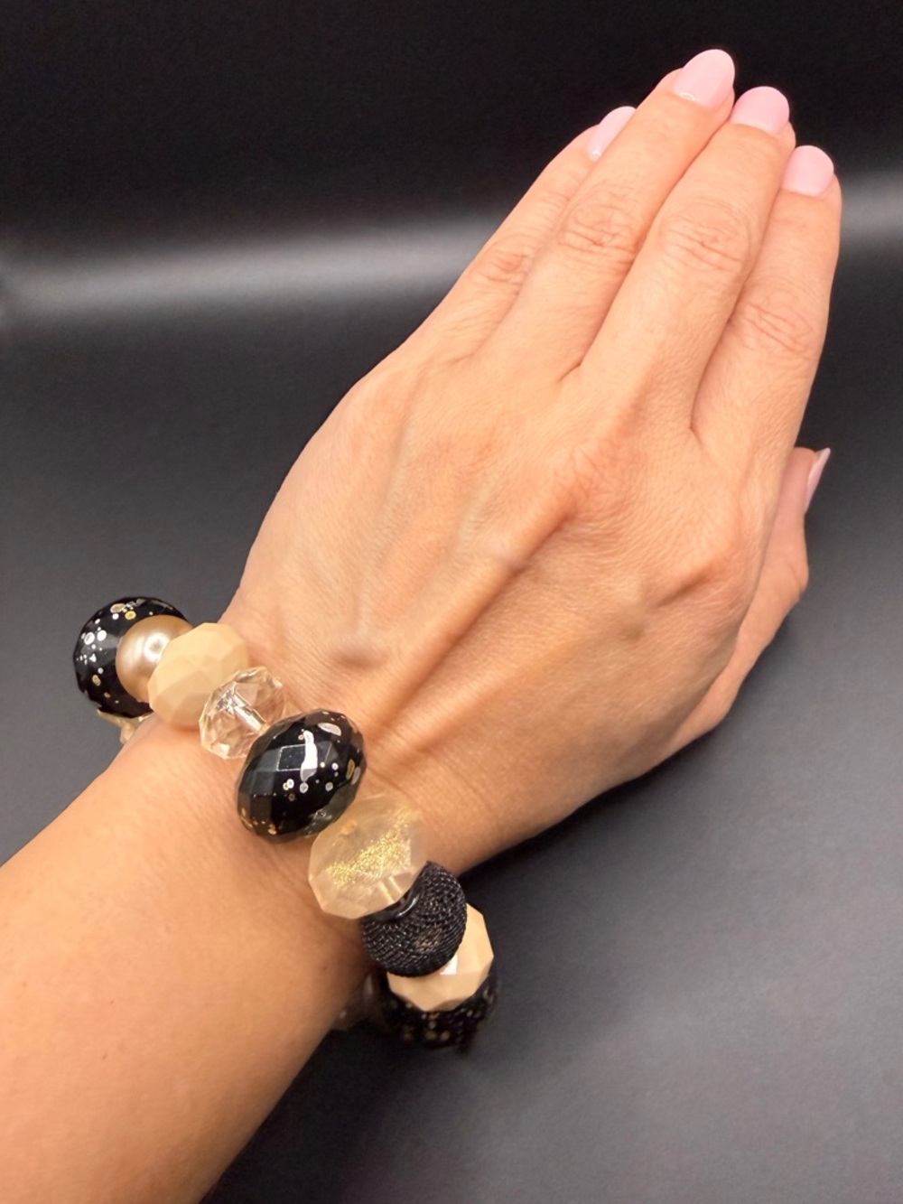 NWT New York & Company Black, Gold and Beige Beaded Stretch Bracelet - Picture 3 of 4